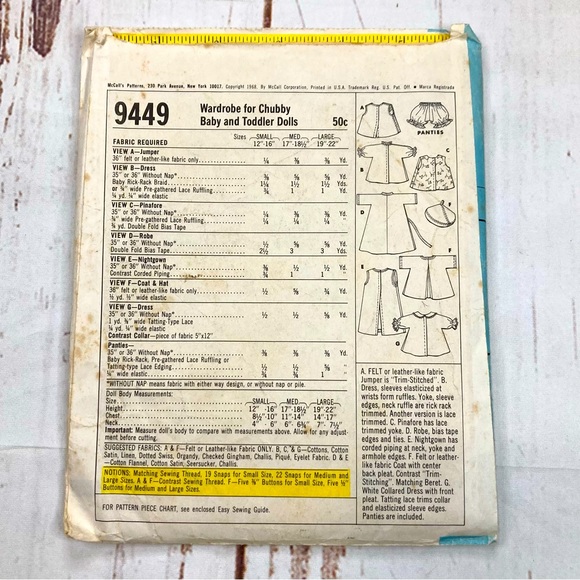 McCall’s #9449 Vintage WARDROBE CHUBBY BABY & TODDLER Dolls Patterns - Picture 4 of 12